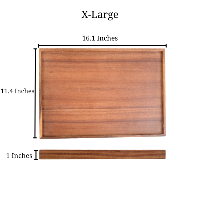 Sizing photo of X-Large Acacia wooden tray showing the light brown wood grain